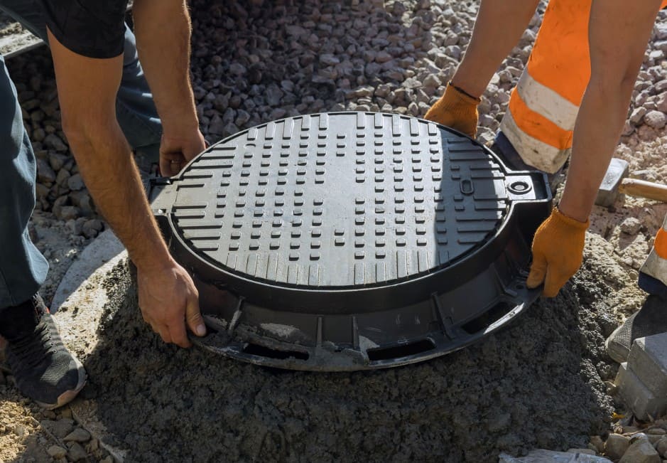 Workers setting a cast iron access cover over a septic tank